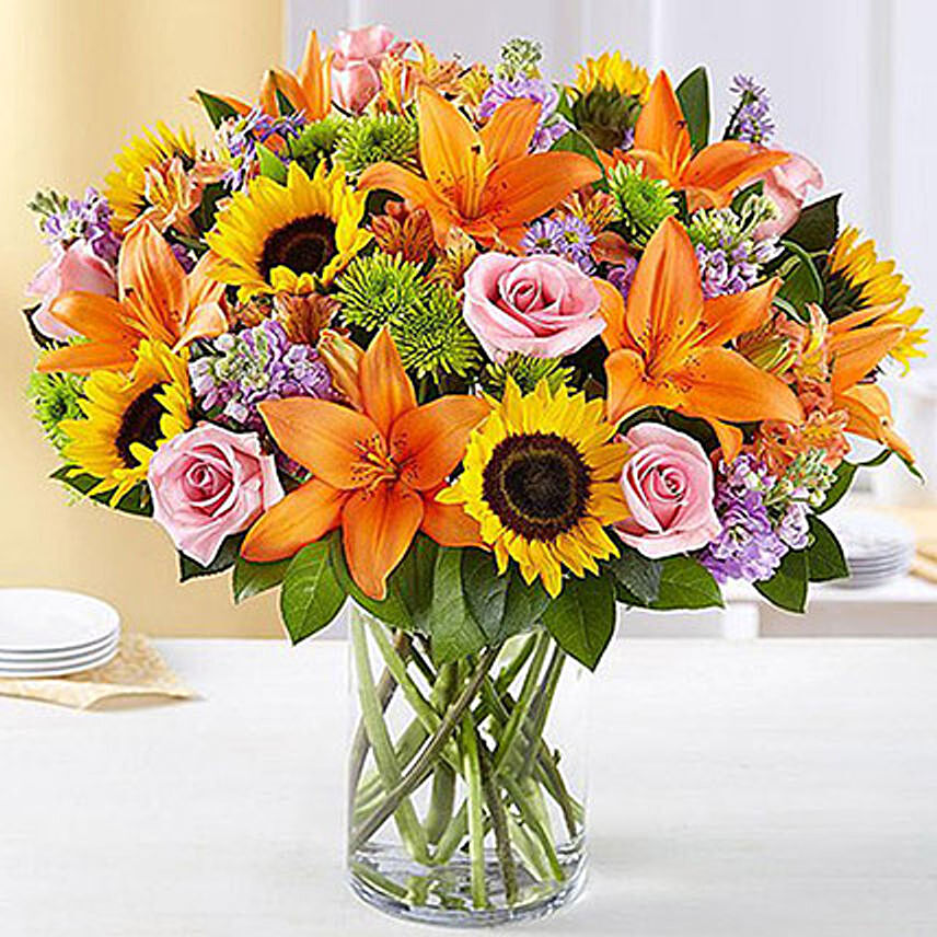 Vital Bunch of Flowers In Glass Vase: Orange Flowers