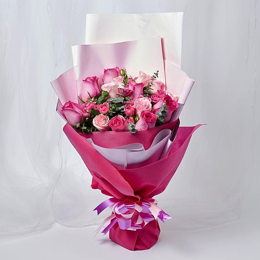 Attractive Mixed Roses Wrapped Bouquet: Pink Flowers