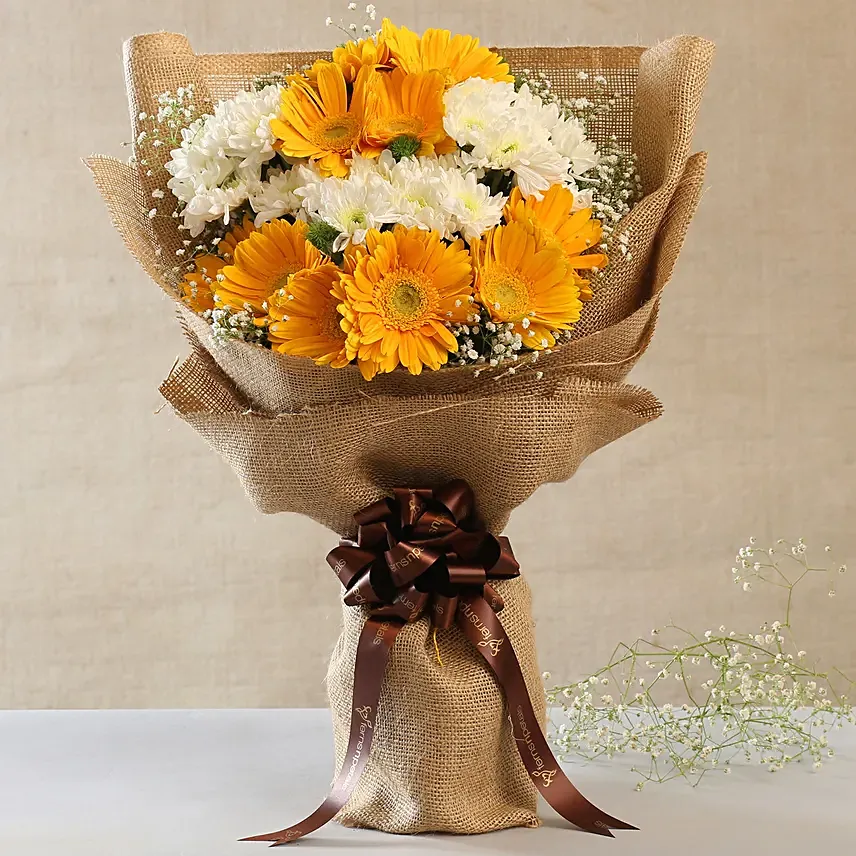 Lovely Yellow White Flowers Jute Bunch: Daisy Flowers