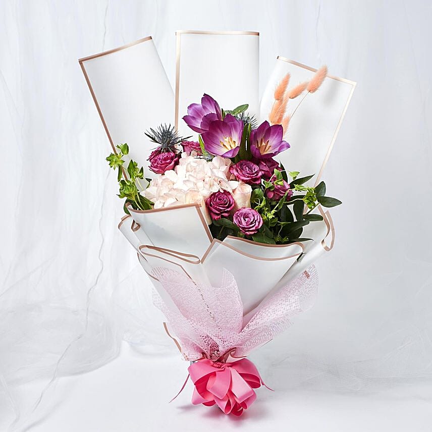 Refreshing Mixed Flowers Wrapped Bunch: Housewarming Gifts