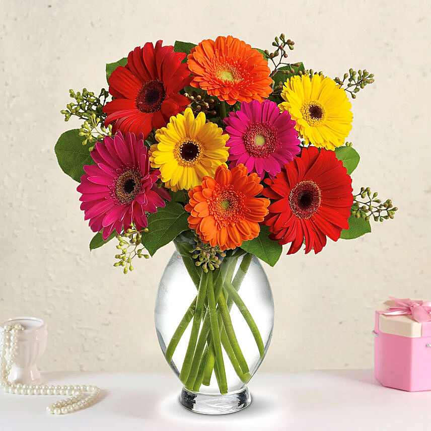 Heavenly Multicoloured Gerberas In Glass Vase: Chinese New Year Flowers