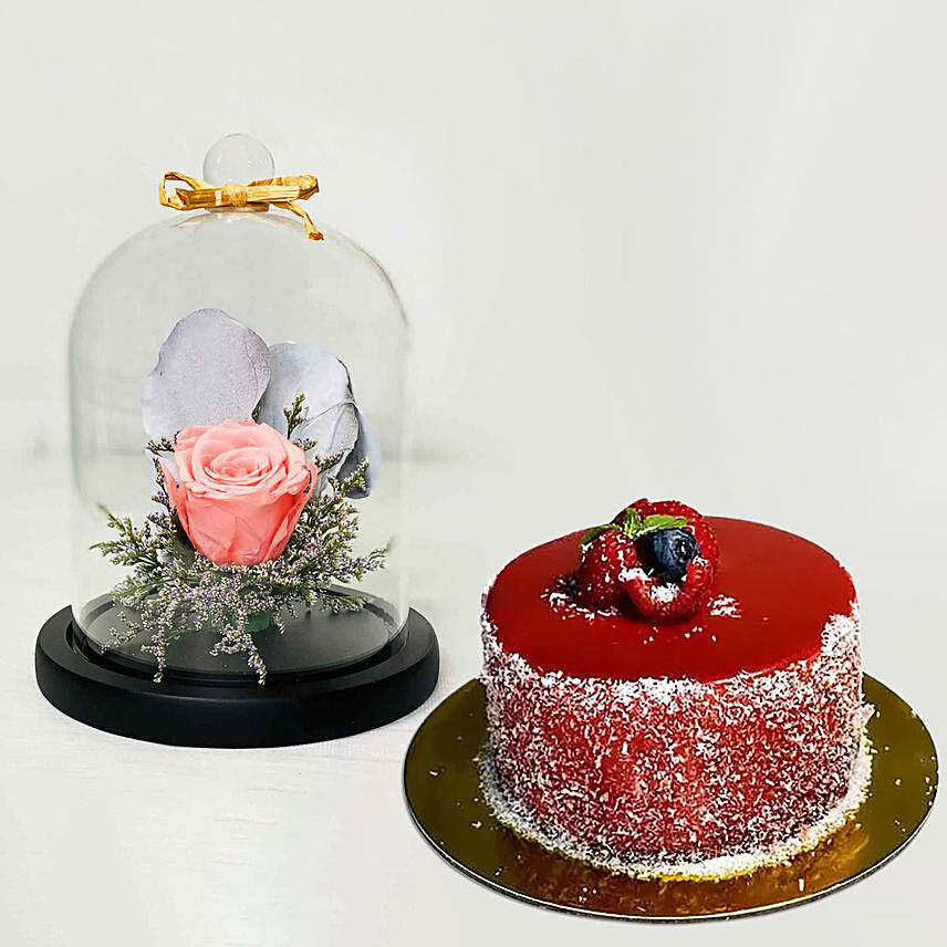 Forever Rose In Glass Dome Pink With Mini Mousse Cake: Flower Arrangements With Cake