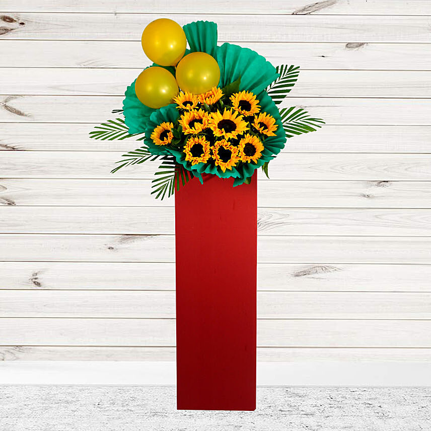 Mixed Flowers Green Balloons Cardboard Stand: Flower Stand Delivery