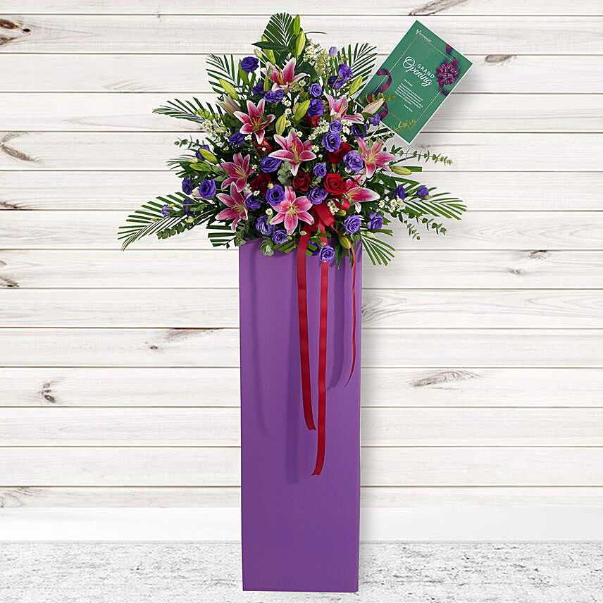 Blissful Mixed Flowers Cardboard Stand: Flowers for Grand Opening