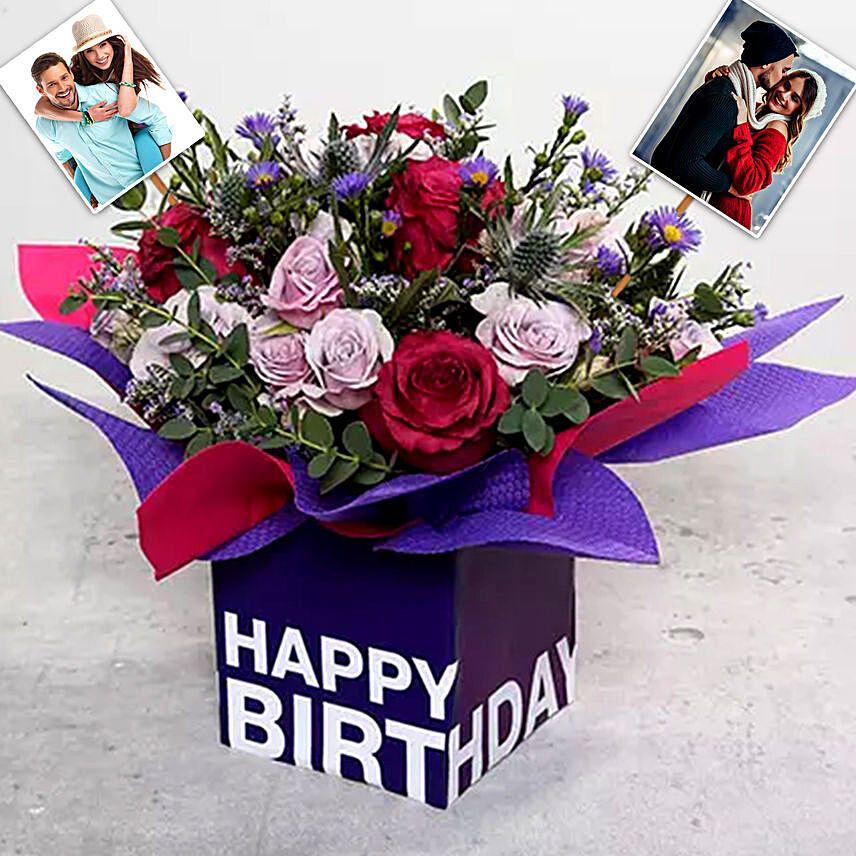 Personalised Mixed Flowers With Square Glass Vase: Flower Bouquet with Personalised Gift