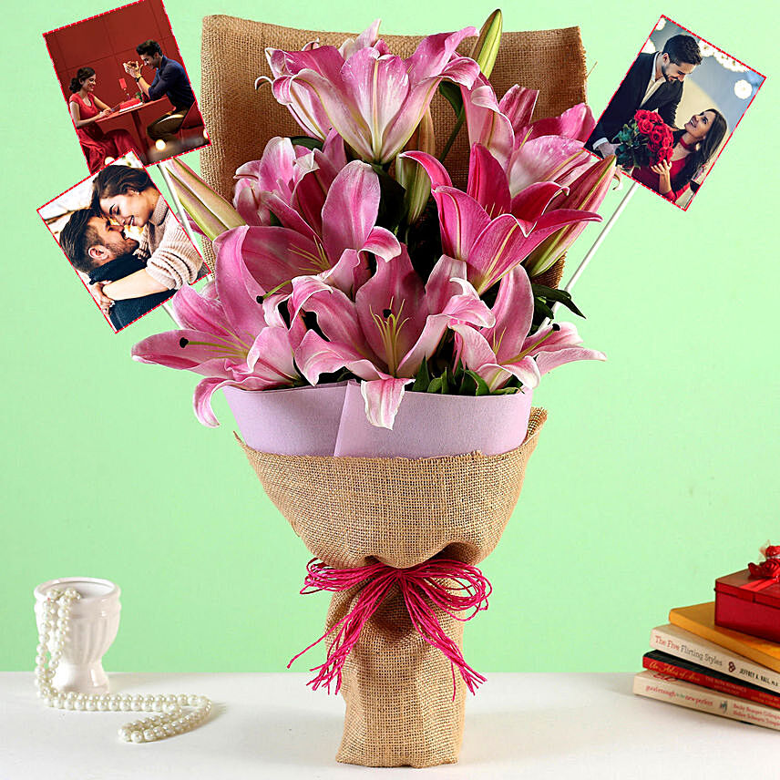 Personalised Oriental Pink Lilies Bunch: Flower Bouquet with Personalised Gift