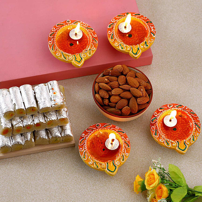 Designer Diwali Diyas With Almonds And Kaju Roll: Deepavali Gifts Singapore