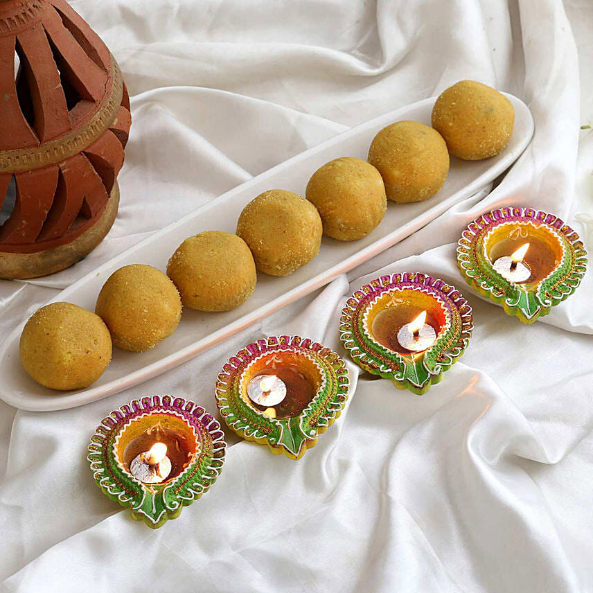 Floral Diyas With Besan Laddoo: Deepavali Sweets Singapore