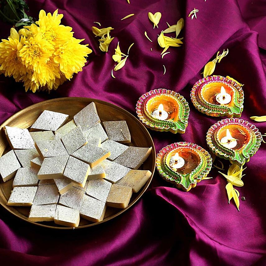 Floral Diyas With Kaju Katli: Sweets 