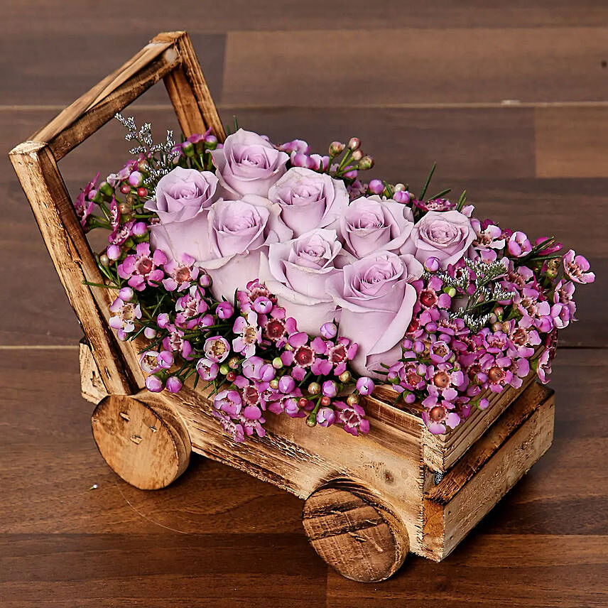 Purple Roses Beautifully Arranged In Cart: Mothers Day Flowers Singapore