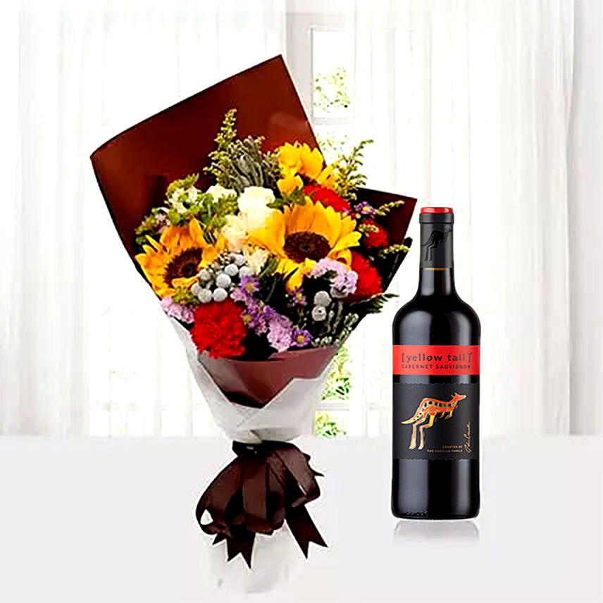 Mixed Flowers Bouquet With Yellow Tail Wine: Flower Bouquet with Wine