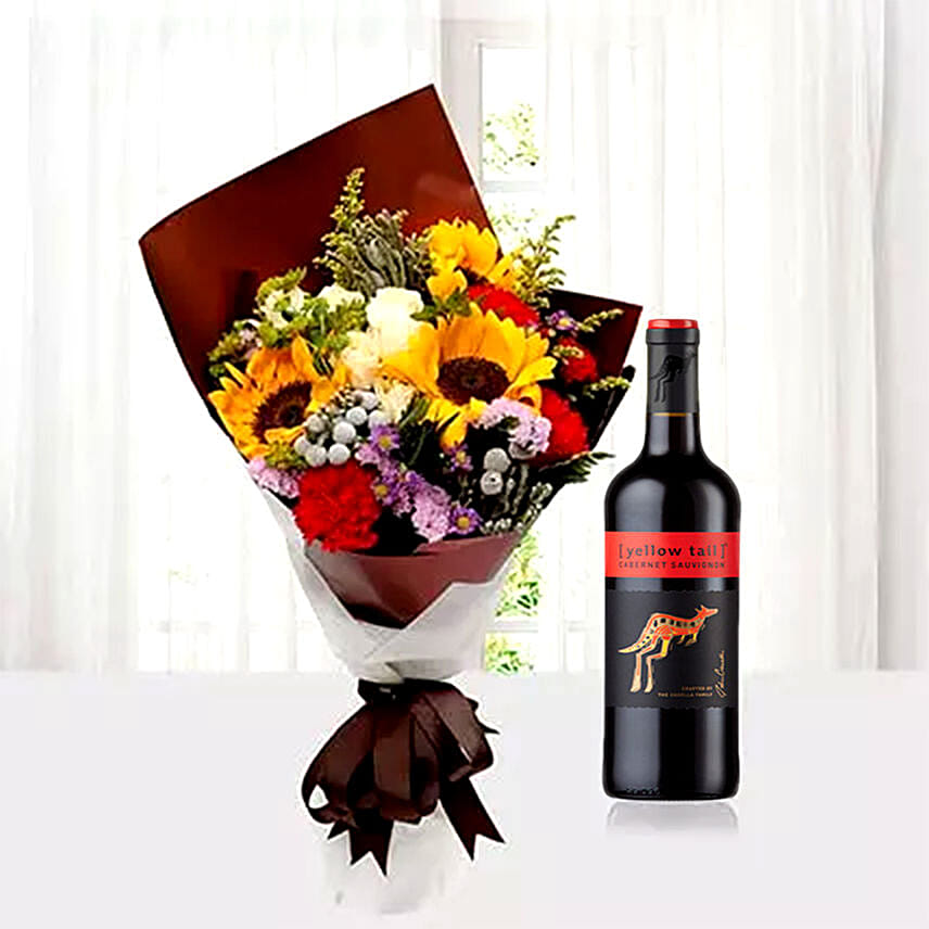 Mixed Flowers Bouquet With Yellow Tail Wine: Flowers with Wine