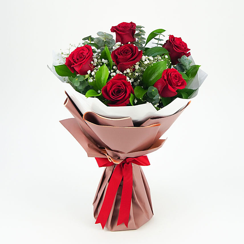 Bunch Of Beautiful 6 Red Rose: Kiss Day Gifts
