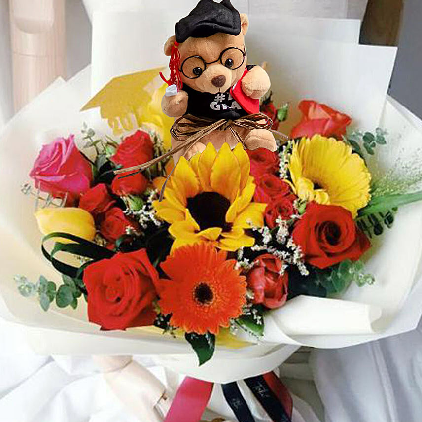 Colorful Flower Bouquet & Graduation Teddy: Graduation Flower Bouquets
