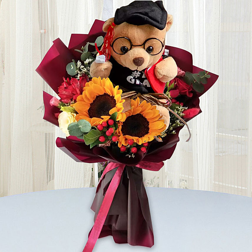Mixed Flowers Bouquet With Graduation Teddy: Sunflower Arrangements