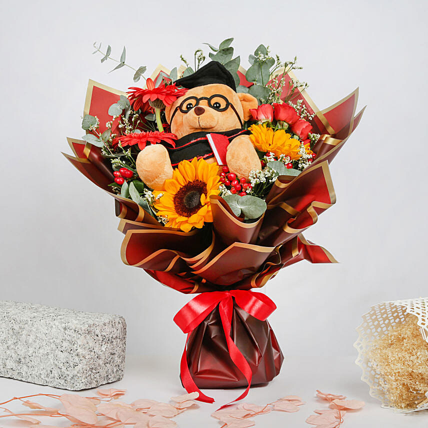 Mixed Flowers Bouquet With Graduation Teddy: Sunflower Bouquets