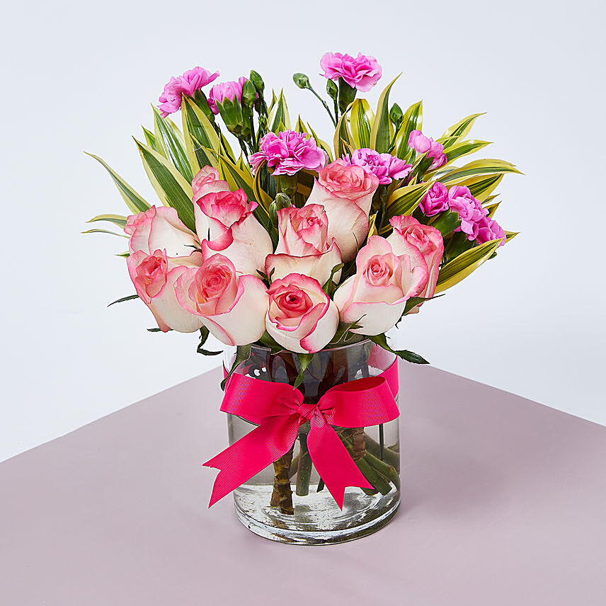 Dual Shade Roses And Carnations In Vase: Wedding Flowers