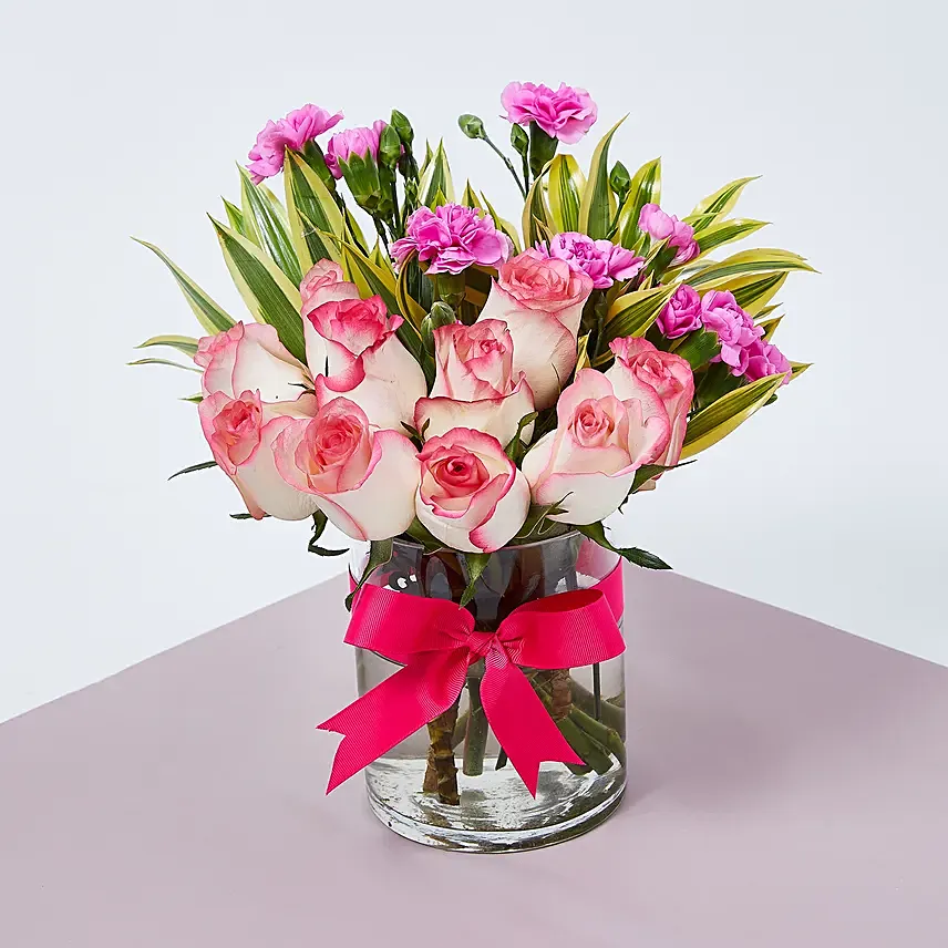 Dual Shade Roses And Carnations In Vase: Hug Day Gifts