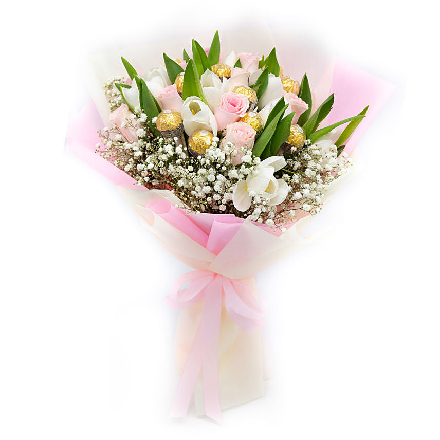 Delightful Flowers & Ferrero Rocher Bouquet: Flower and Chocolates For Anniversary