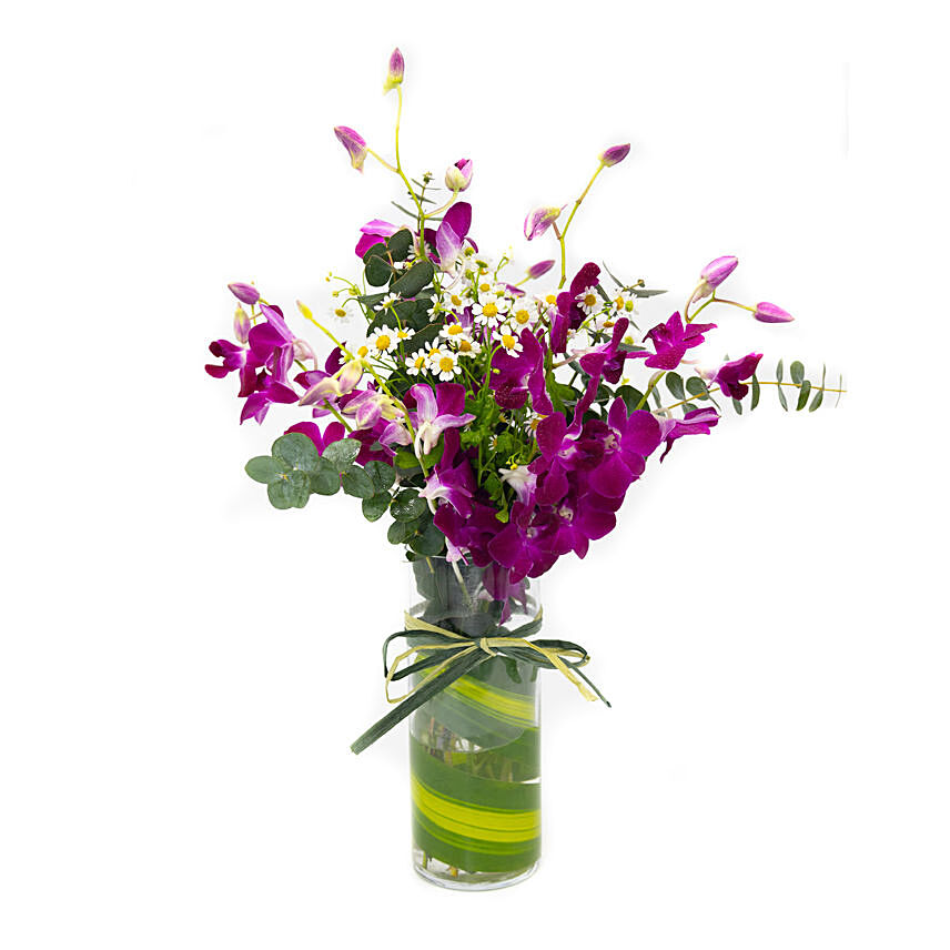 Mesmerising Orchids Glass Vase: Flower Arrangements For Birthday