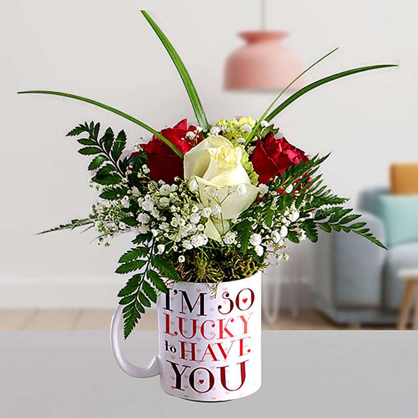 Alluring Mixed Roses In Lucky To Have U Mug: Flowers In A Mug