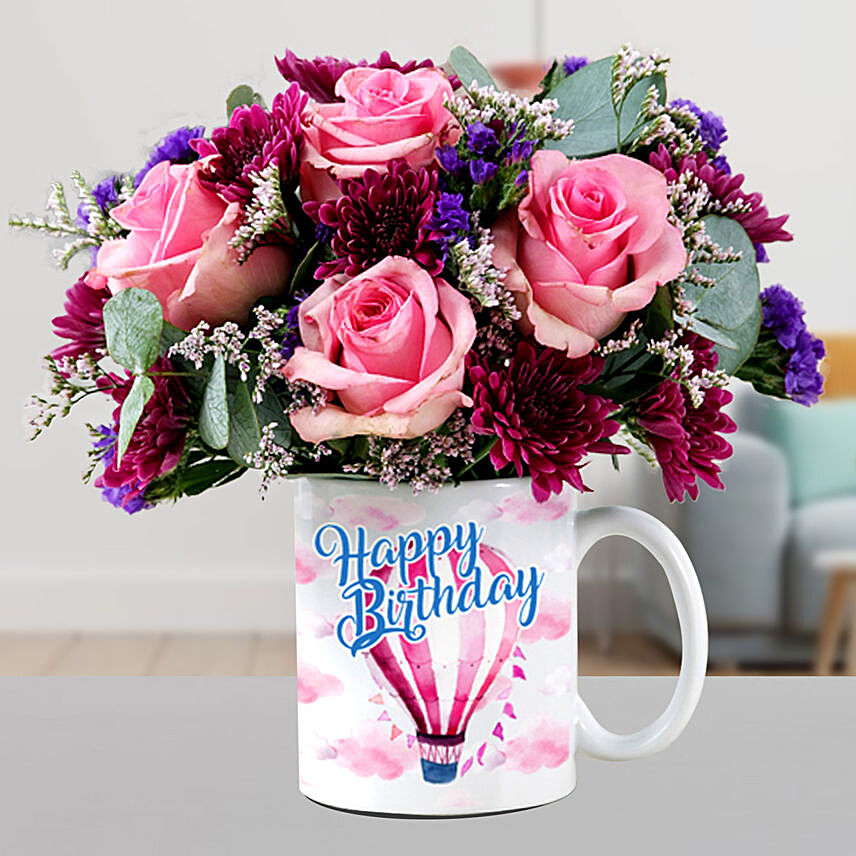 Beautiful Mixed Flowers In Birthday Mug: Flowers In A Mug