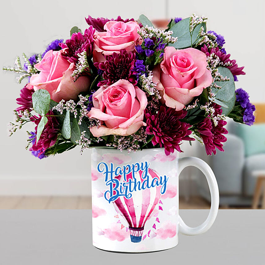 Beautiful Mixed Flowers In Birthday Mug: Custom Mugs