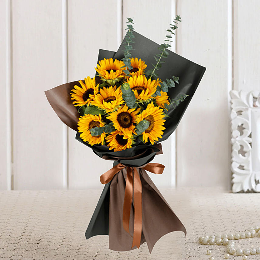 Charismatic Sunflowers Beautifully Tied Bouquet: Sunflower Arrangements