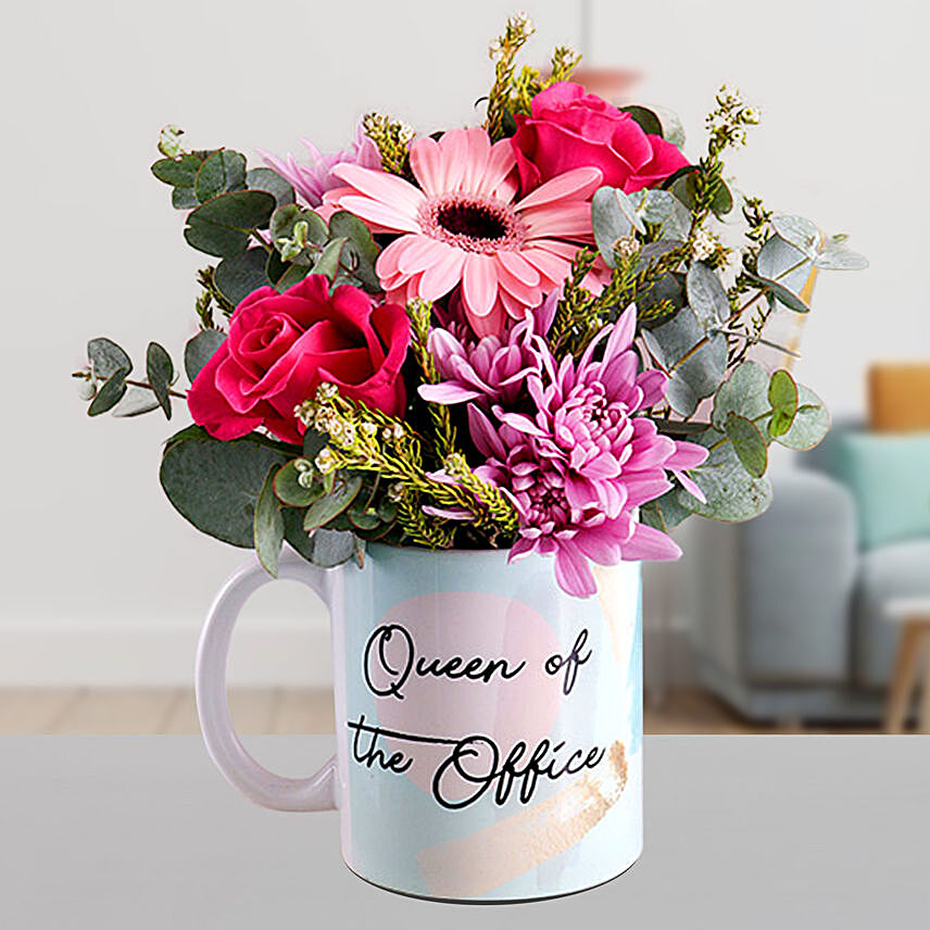 Mesmerising Mixed Flowers In Office Queen Mug: 
