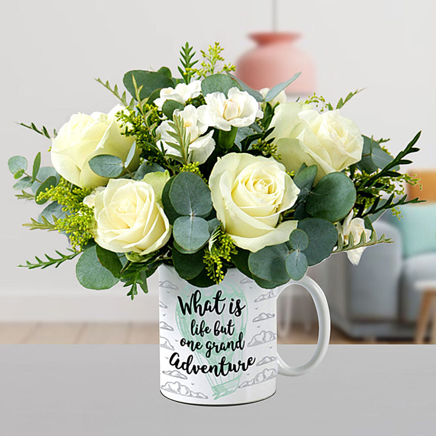 Peaceful Mixed Flowers In Printed Mug: Flower Arrangements For Birthday