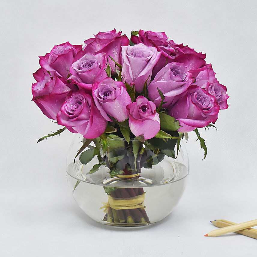 Purple Roses In Glass Bowl: Birthday Roses