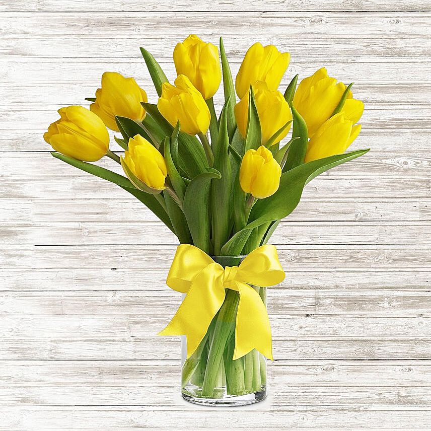 Serene Yellow Tulips Glass Vase: Father's Day Flowers