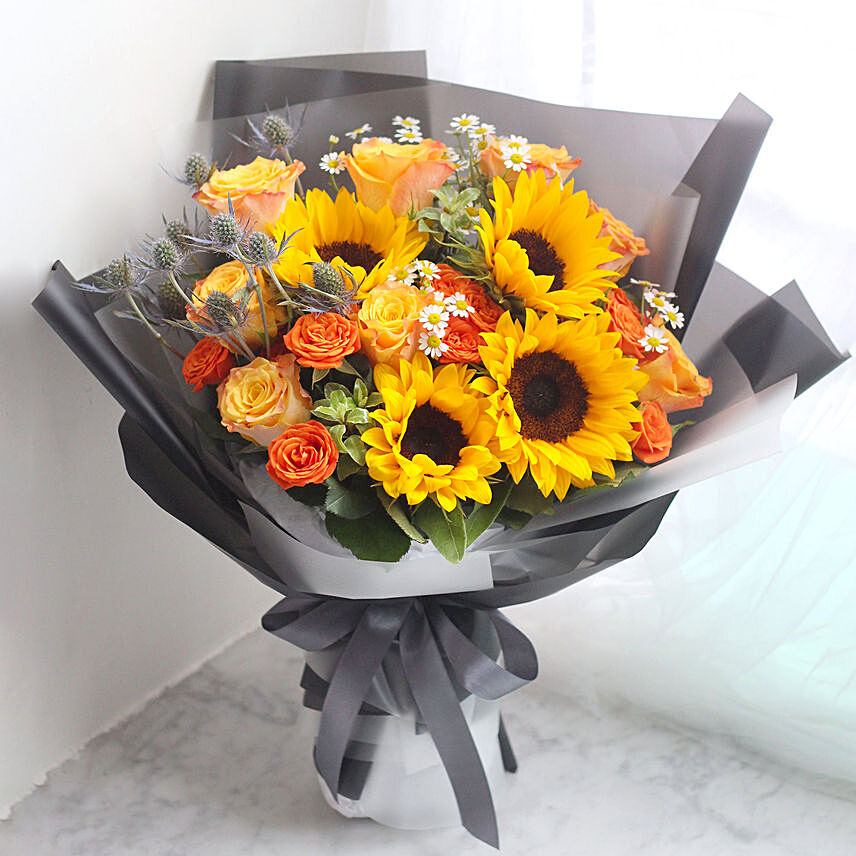 Striking Mixed Flowers Beautifully Wrapped Bouquet: Fathers Day Bouquets