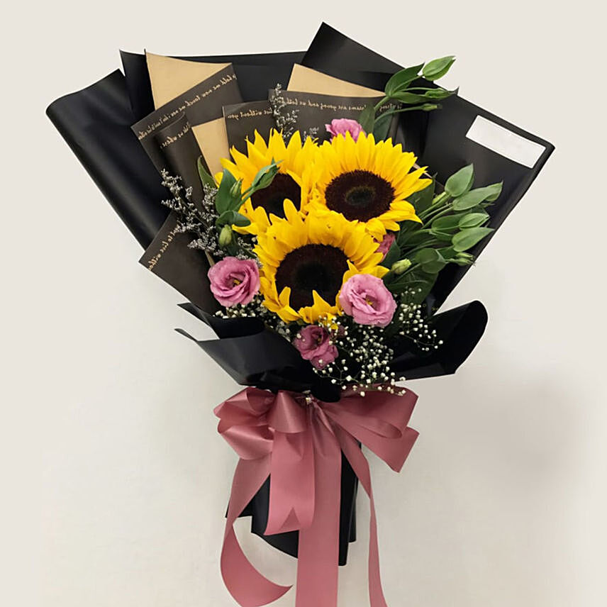 Sunflower N Lisianthus Beautifully Wrapped Bouquet: New Year Gifts 