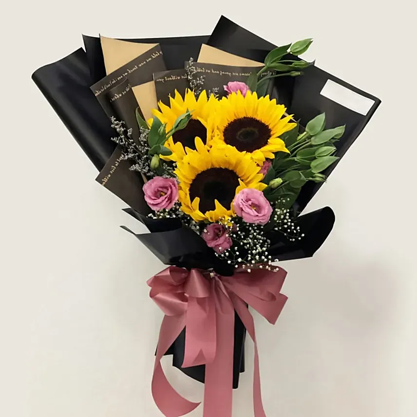 Sunflower N Lisianthus Beautifully Wrapped Bouquet: Fathers Day Bouquets