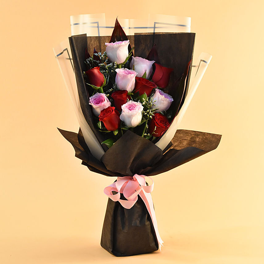 Elegant Pink & Red Roses Bouquet: Teddy Day Gifts