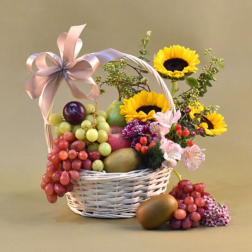 Beautiful Mixed Flowers & Fruits Basket: Gift Hamper Delivery
