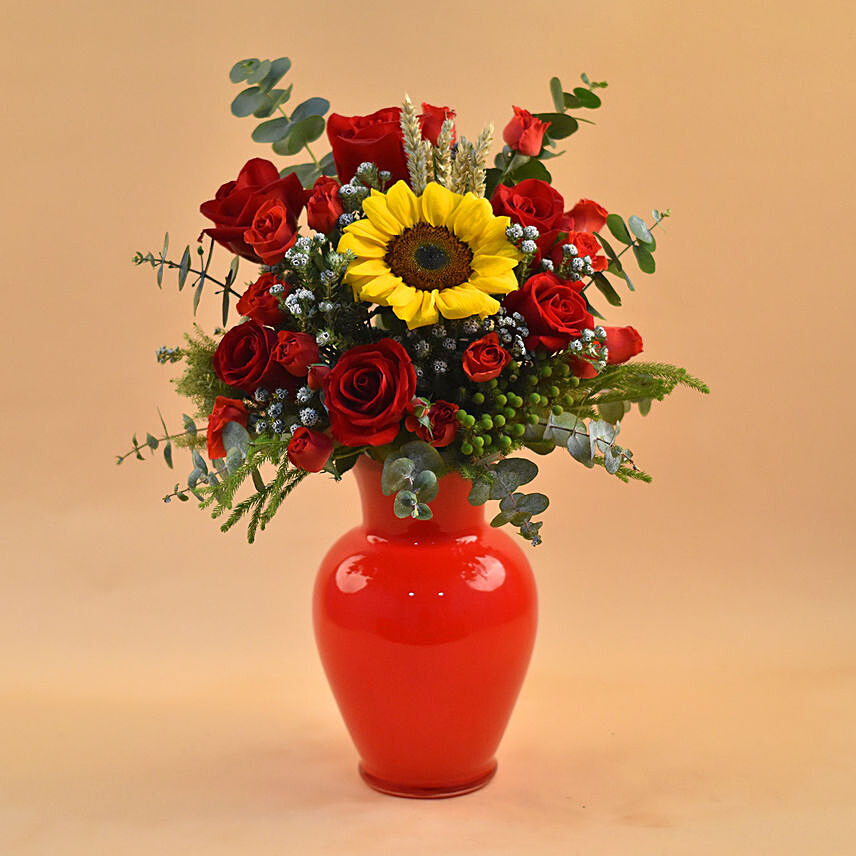 Charismatic Mixed Flowers Red Vase: Rose Bouquet For Birthday