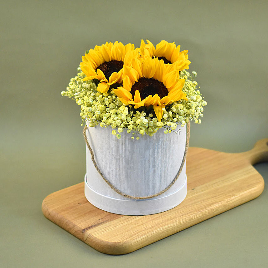 Cheerful Sunflowers & Baby Breath Box Arrangement: Beautiful Yellow Flowers