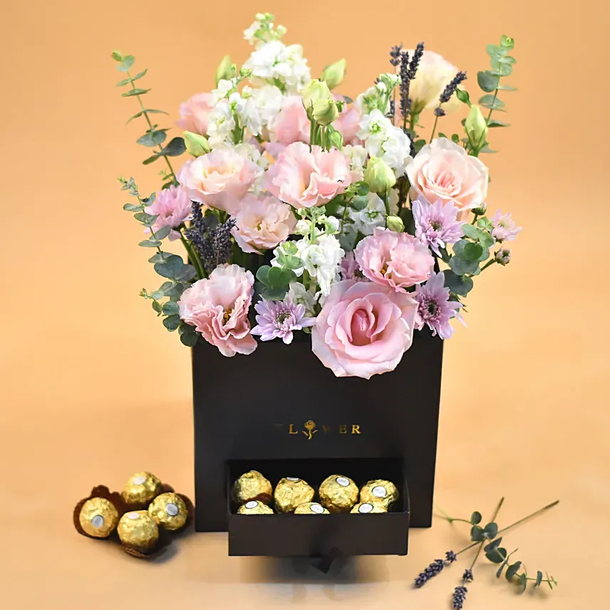 Elegant Mixed Flowers & Ferrero Rocher Black Box: Flowers in a Box