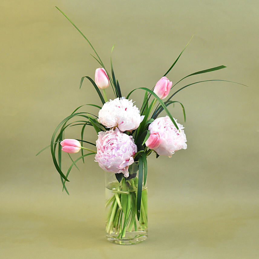 Peony & Tulip Cylindrical Vase: Peony Bouquets