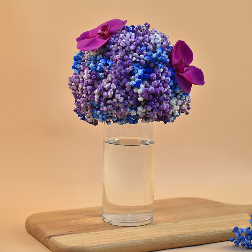 Purple Baby Breath & Phalaenopsis Cylindrical Vase: women's day flowers