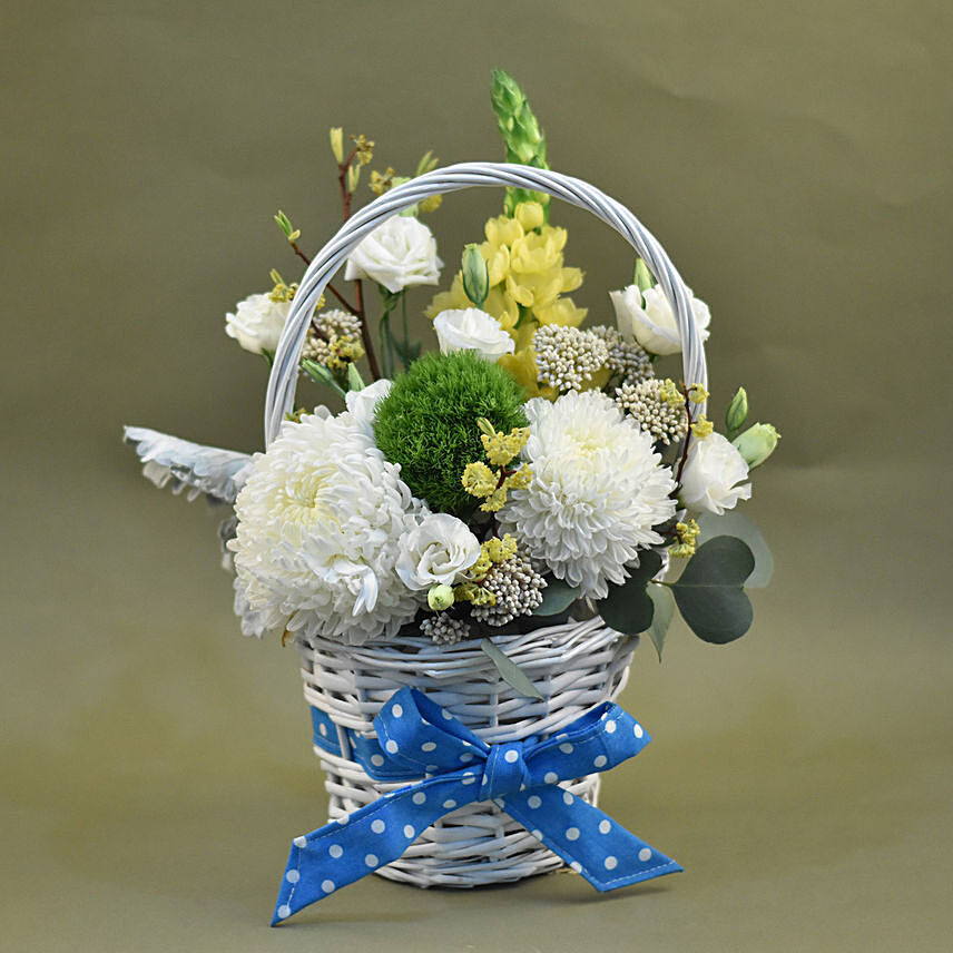 Serene Mixed Flowers Round Basket: Birthday Basket Arrangement