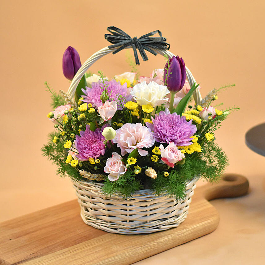 Striking Mixed Flowers Round Basket: Birthday Basket Arrangement