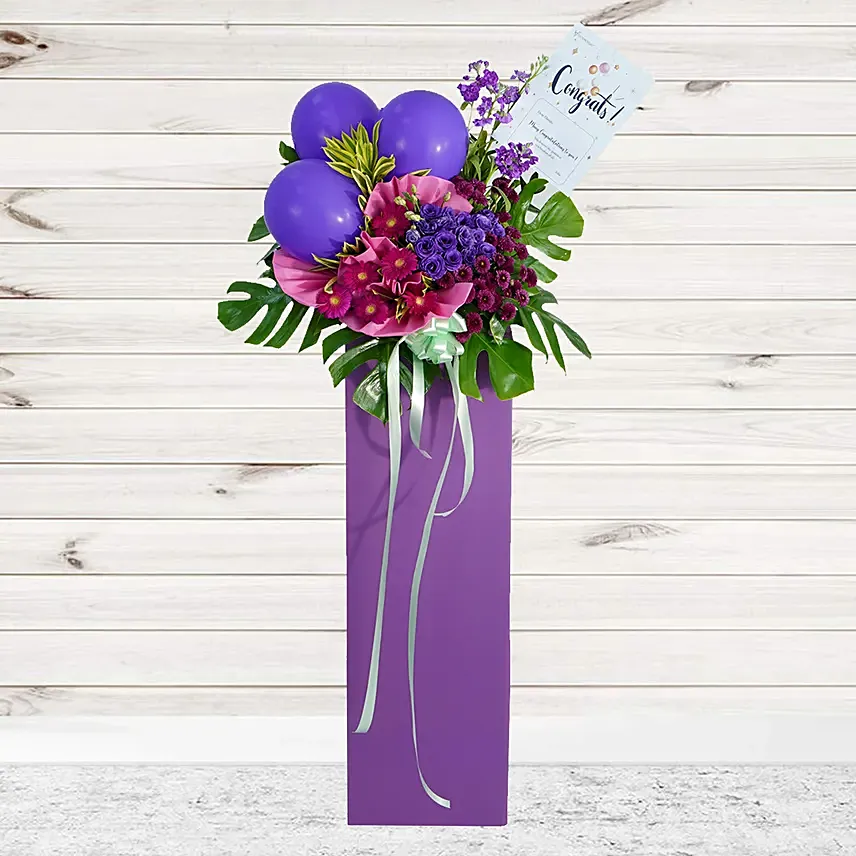 Mixed Flowers Purple Balloons Cardboard Stand: Flower Stands