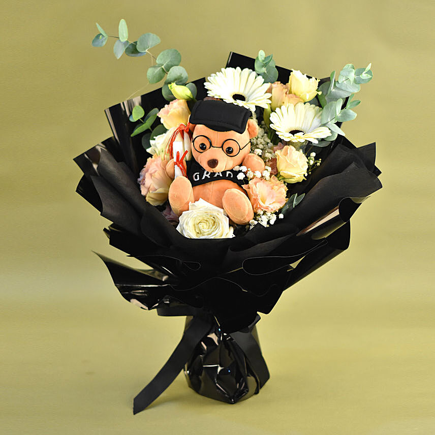 Graduation Teddy & Mixed Flowers Premium Bouquet: Flowers With Teddy Bear