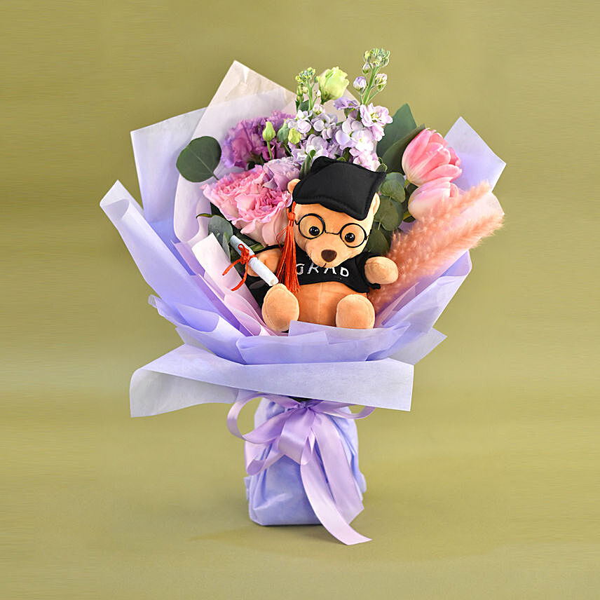 Cute Graduation Teddy & Fresh Flowers Bouquet: Graduation Flower Bouquets