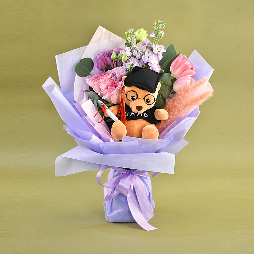 Cute Graduation Teddy & Fresh Flowers Bouquet: Graduation Gifts