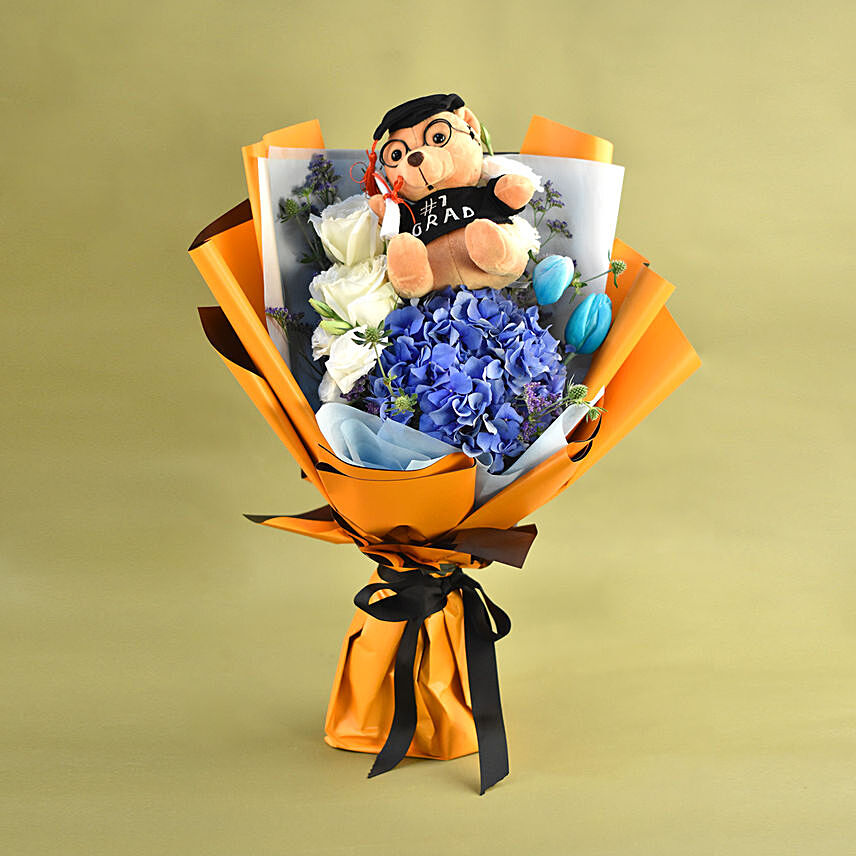 Graduation Teddy Bear & Mixed Flowers Bouquet: Plush Toys and Flowers
