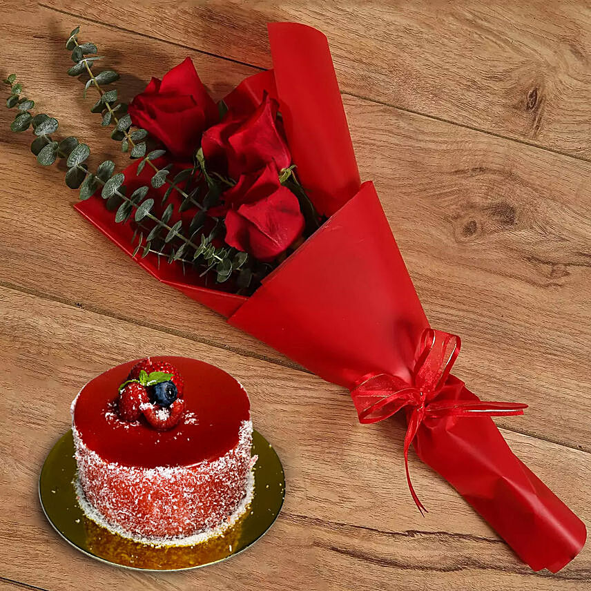 Beautiful Red Rose Bouquet With Mini Mousse Cake: Combo Gifts